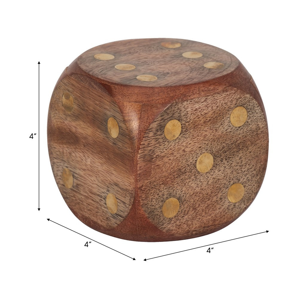 Decorative Large Wooden Dice Die | 4x4" | Antique Brown Wood | Metal Inlay