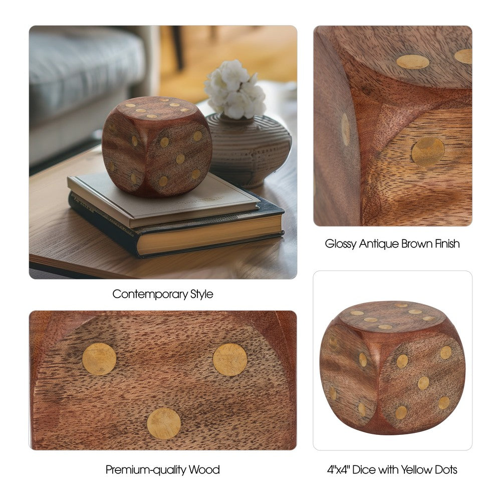 Decorative Large Wooden Dice Die | 4x4" | Antique Brown Wood | Metal Inlay