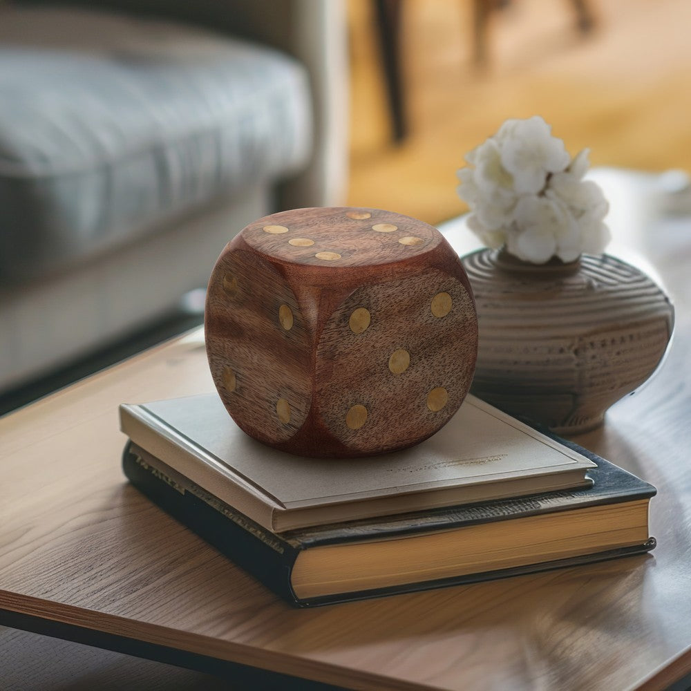 Decorative Large Wooden Dice Die | 4x4" | Antique Brown Wood | Metal Inlay