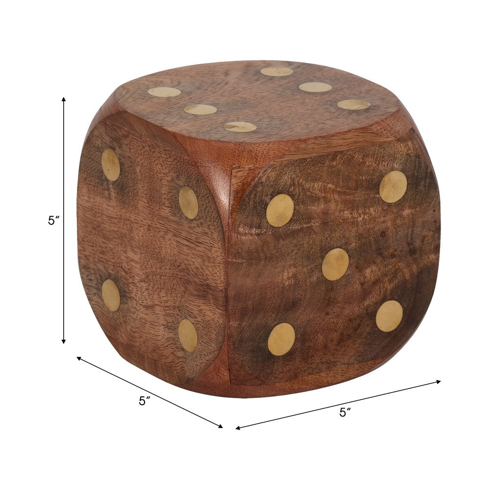 5x5 Wooden Dice Die with 6-Sided Brass Inlay Dots | Antique Brown Wood