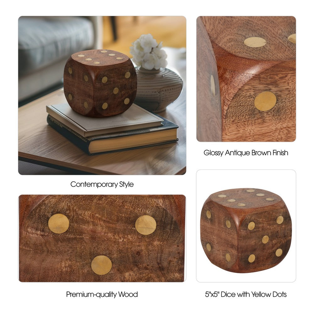 5x5 Wooden Dice Die with 6-Sided Brass Inlay Dots | Antique Brown Wood