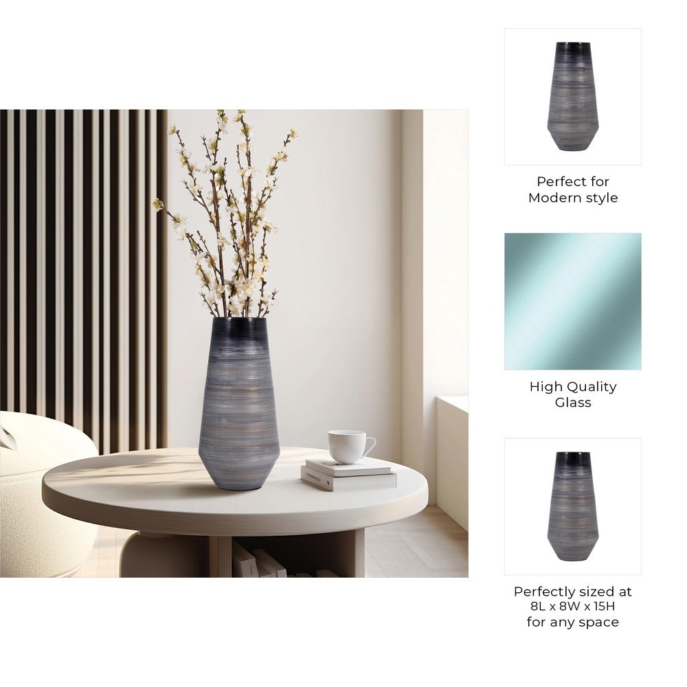 Enameled Vase | Cylinder Tapered Narrow Base | Textured Gray & Black Glass