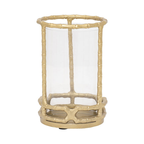 Yang Hurricane Candle Holder w Glass Cylinder | Gold Aluminum Frame 9"