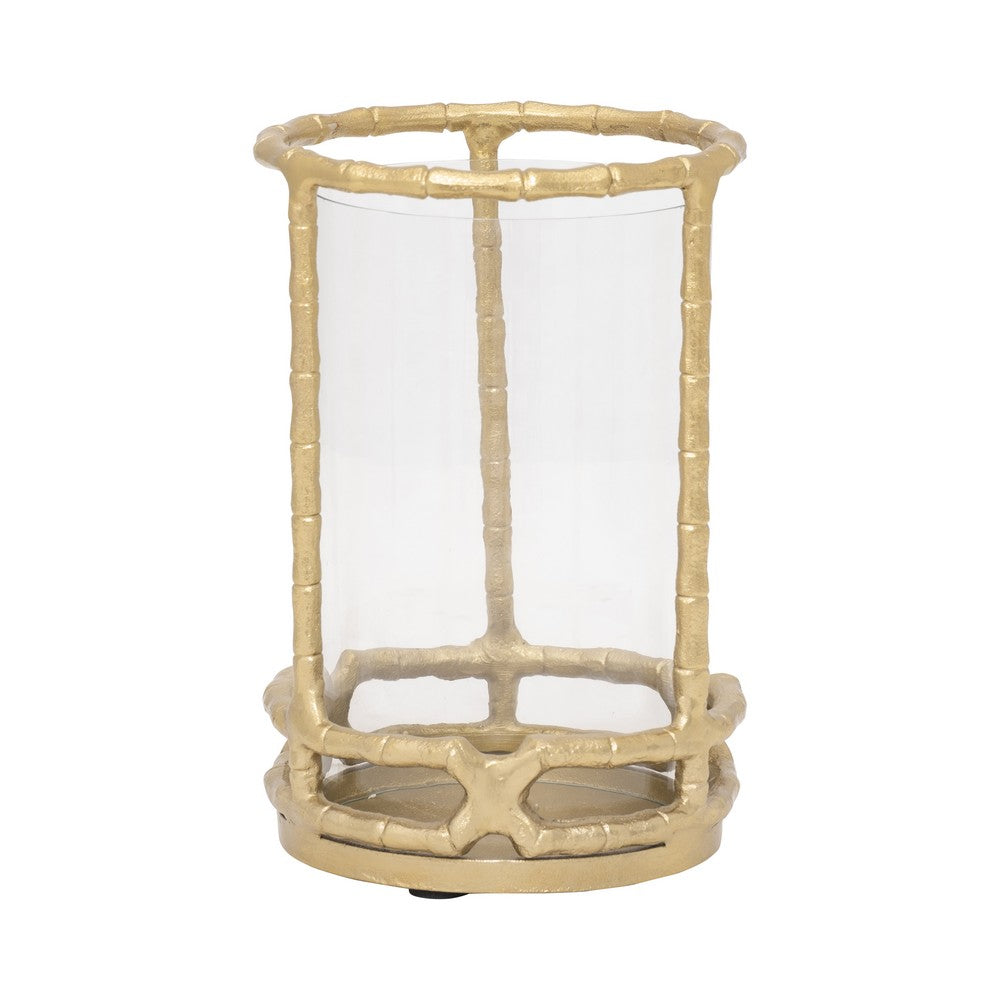 Yang Hurricane Candle Holder w Glass Cylinder | Gold Aluminum Frame 9"