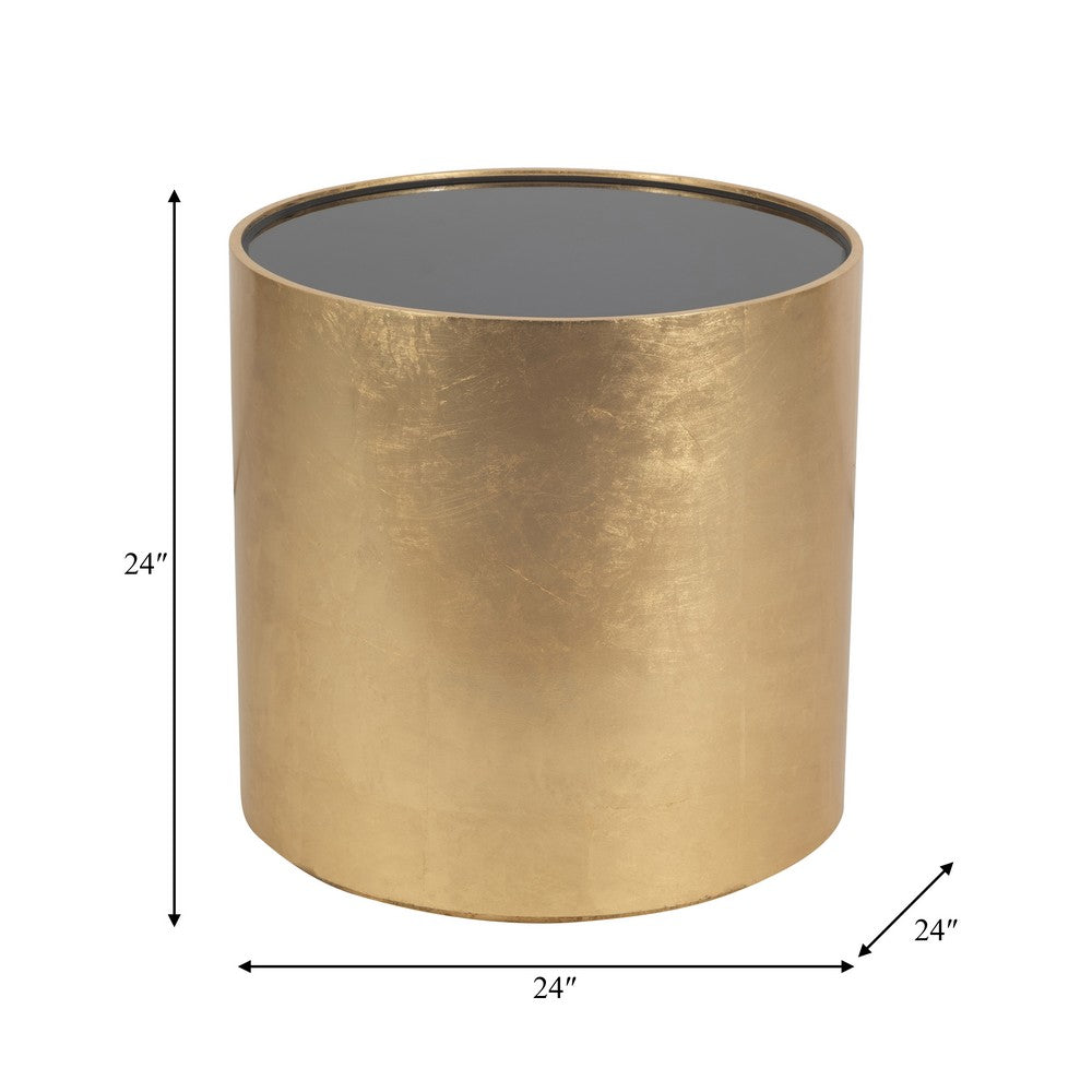 Accent Table | 24" Round Black Glass Top | Brushed Gold Wood Base