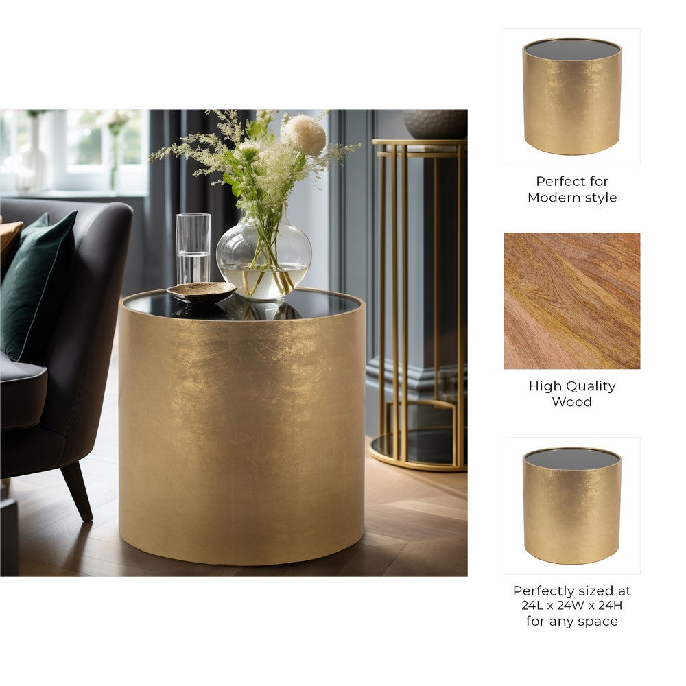 Accent Table | 24" Round Black Glass Top | Brushed Gold Wood Base
