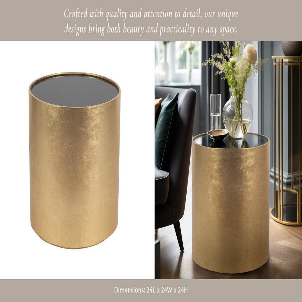 Accent Table | 24" Round Black Glass Top | Brushed Gold Wood Base
