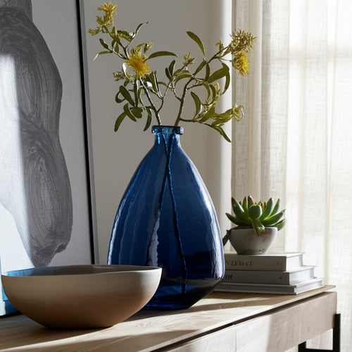 Decorative Vase | Pottery Style Balloon Shape | Blue Glazed Glass 19"