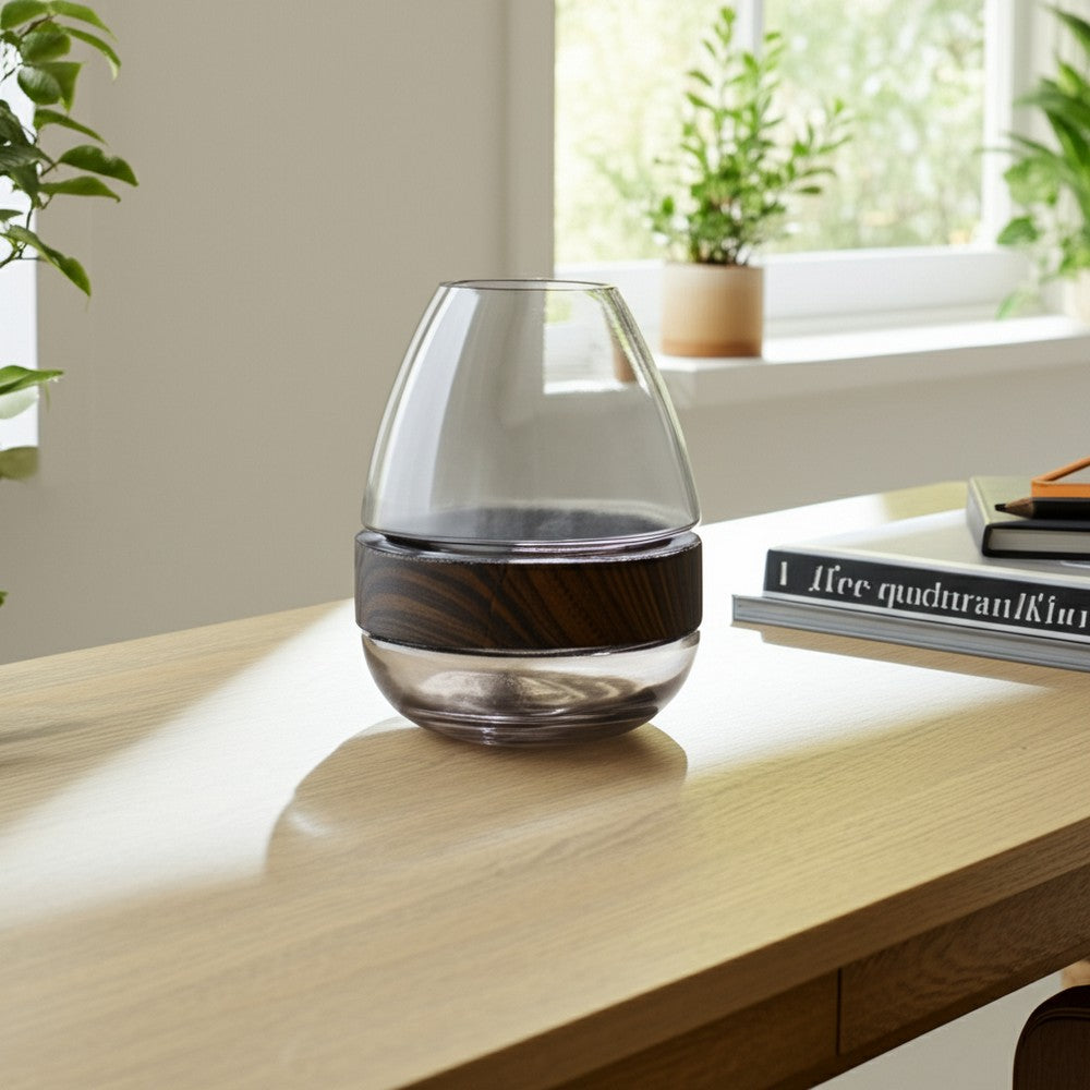 Elegant Decorative Floral Vase w Wood Band | 10" Clear Glass