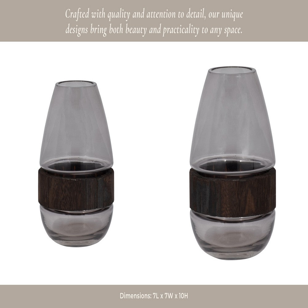 Elegant Decorative Floral Vase w Wood Band | 10" Clear Glass