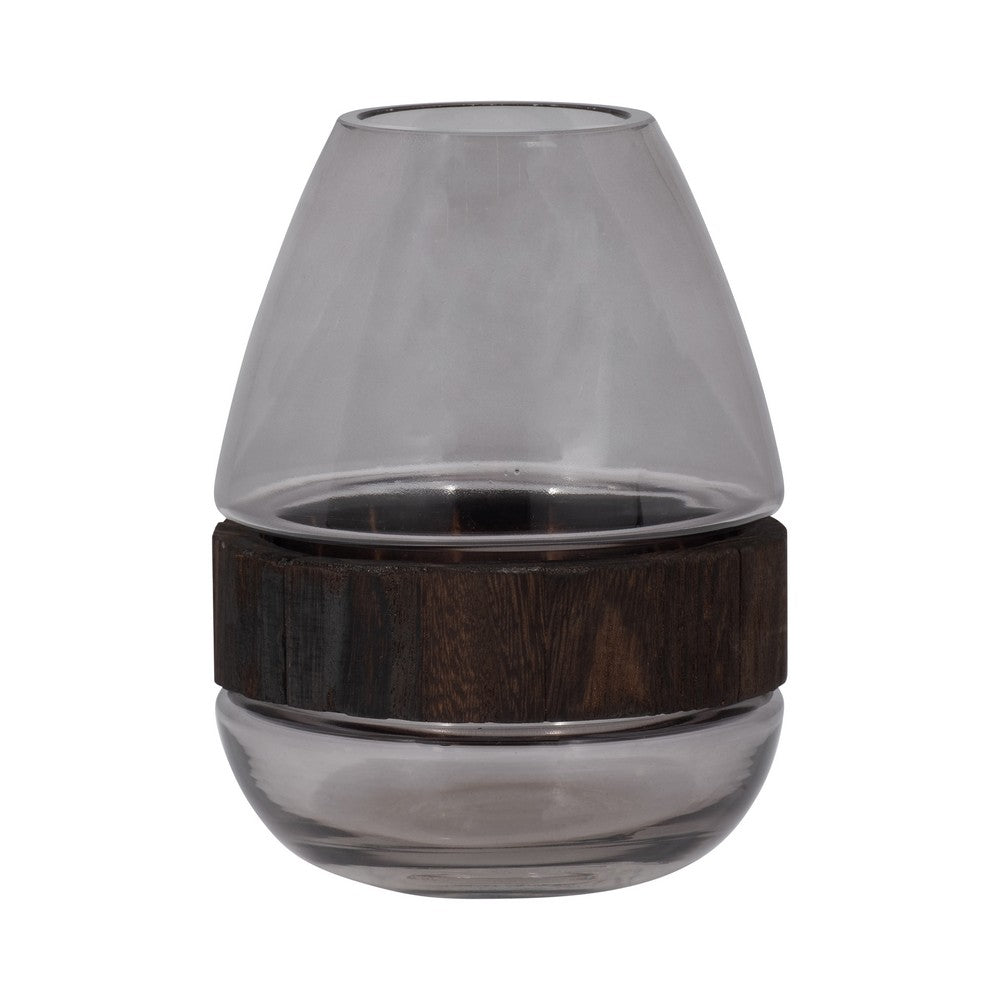 Elegant Decorative Floral Vase w Wood Band | 10" Clear Glass