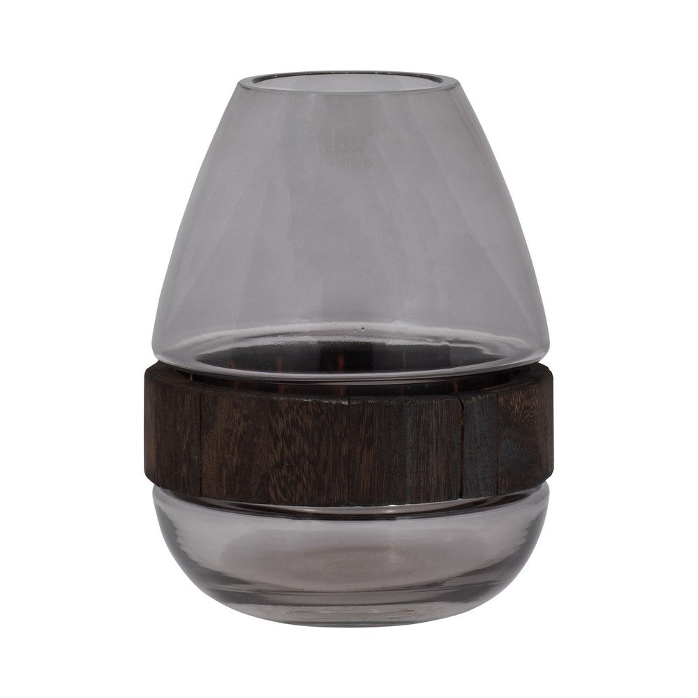 Elegant Decorative Floral Vase w Wood Band | 10" Clear Glass