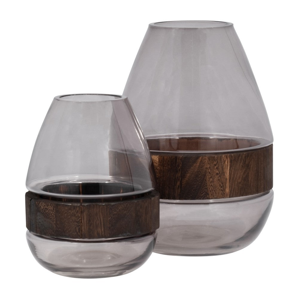 Elegant Decorative Floral Vase w Wood Band | 10" Clear Glass