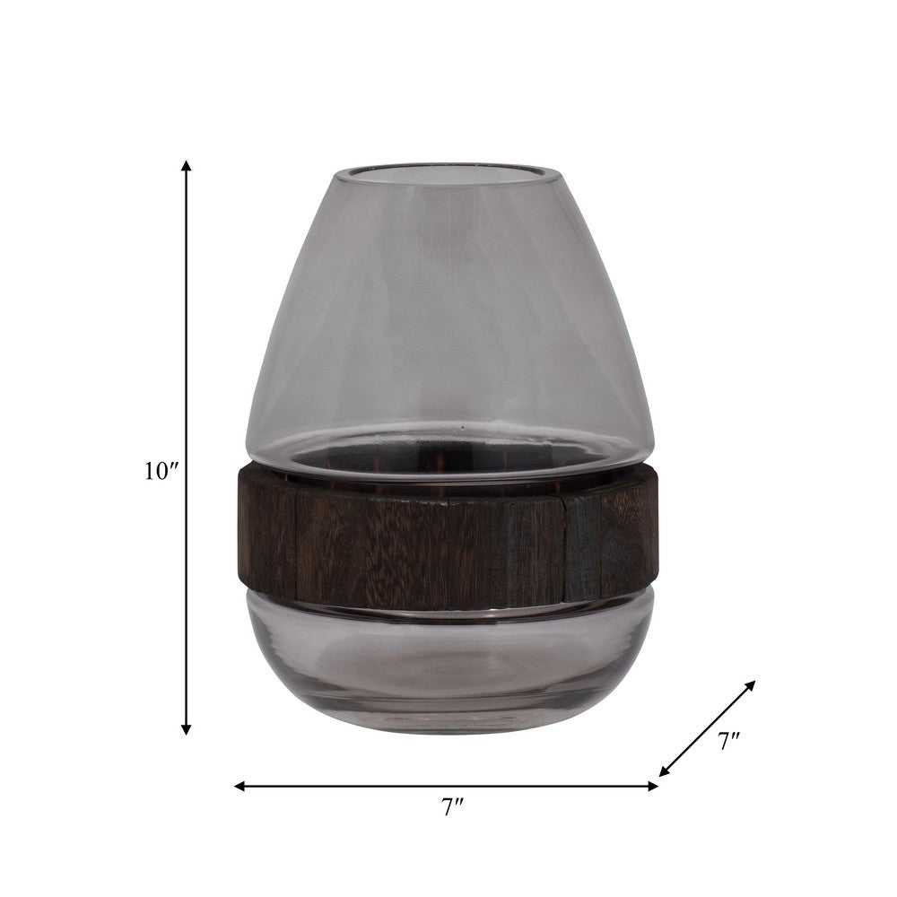 Elegant Decorative Floral Vase w Wood Band | 10" Clear Glass