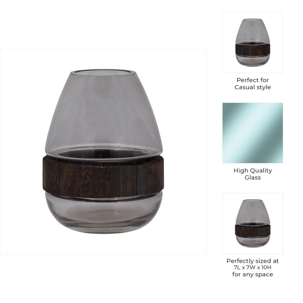 Elegant Decorative Floral Vase w Wood Band | 10" Clear Glass