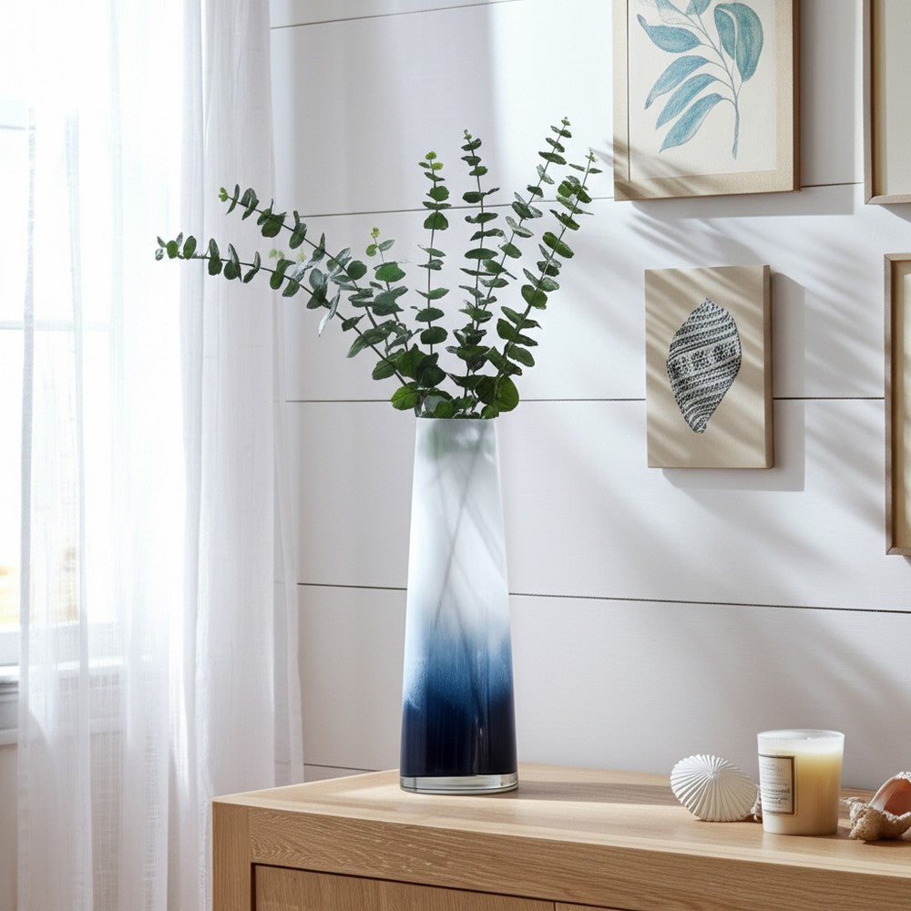 Decorative Flower Vase | 15" Glossy White Blue Glass | Stoic Modern Art