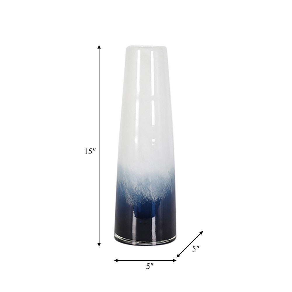 Decorative Flower Vase | 15" Glossy White Blue Glass | Stoic Modern Art
