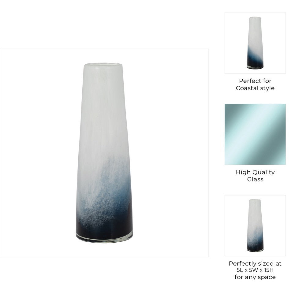 Decorative Flower Vase | 15" Glossy White Blue Glass | Stoic Modern Art