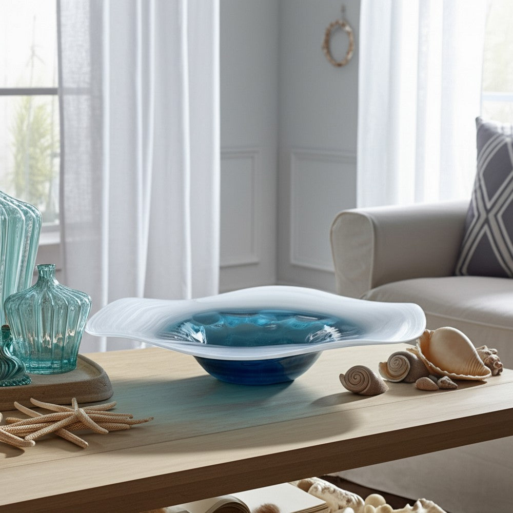 Decorative Centerpiece Bowl | 12" | Dark Blue Waters & White Glass