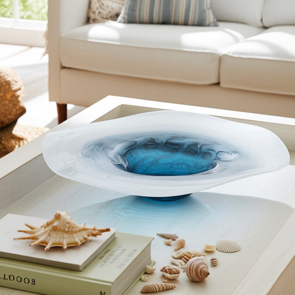 Decorative Centerpiece Bowl | 12" | Dark Blue Waters & White Glass