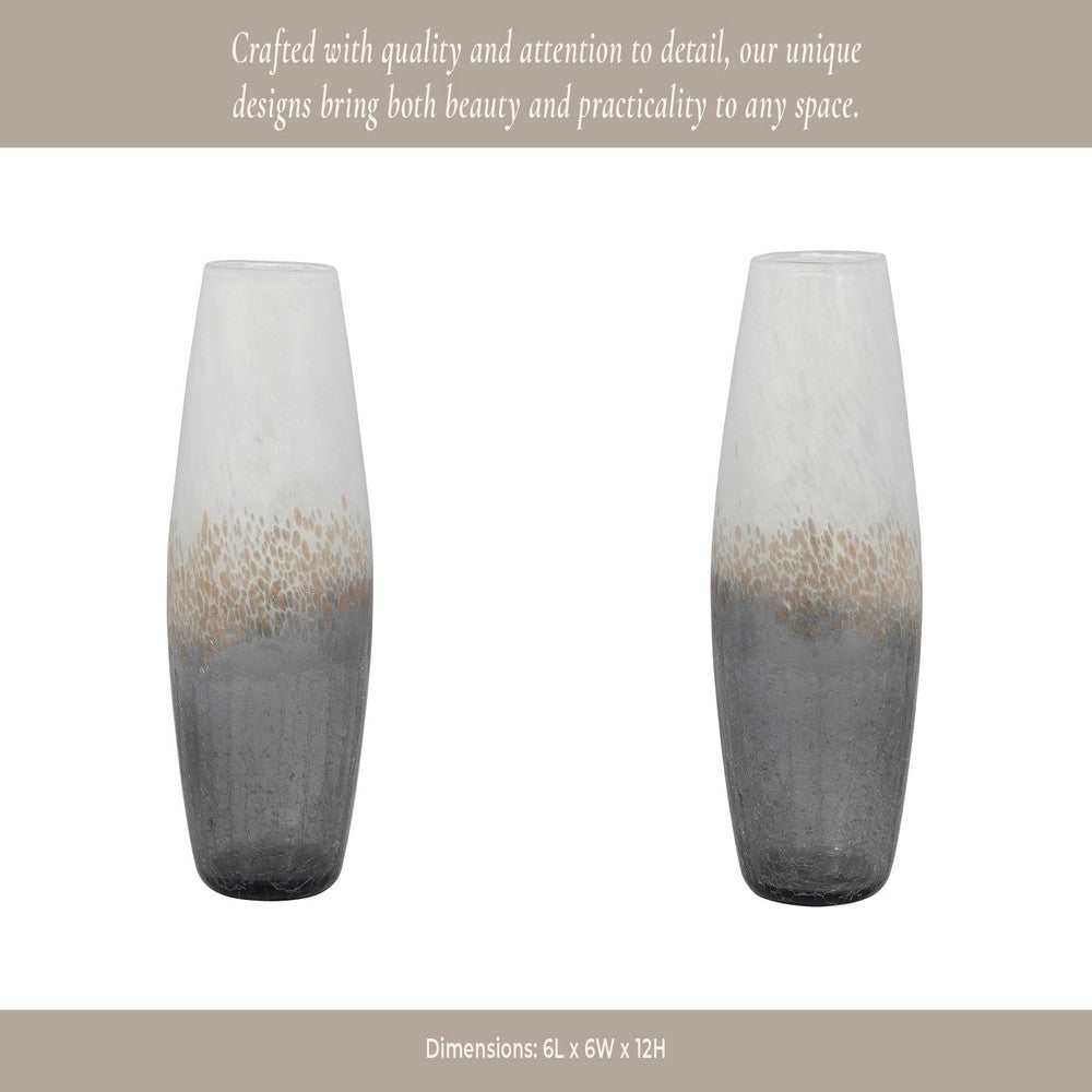 Decorative Flower Vase | 12" Contemporary Ombre Gray White Crackle Glass
