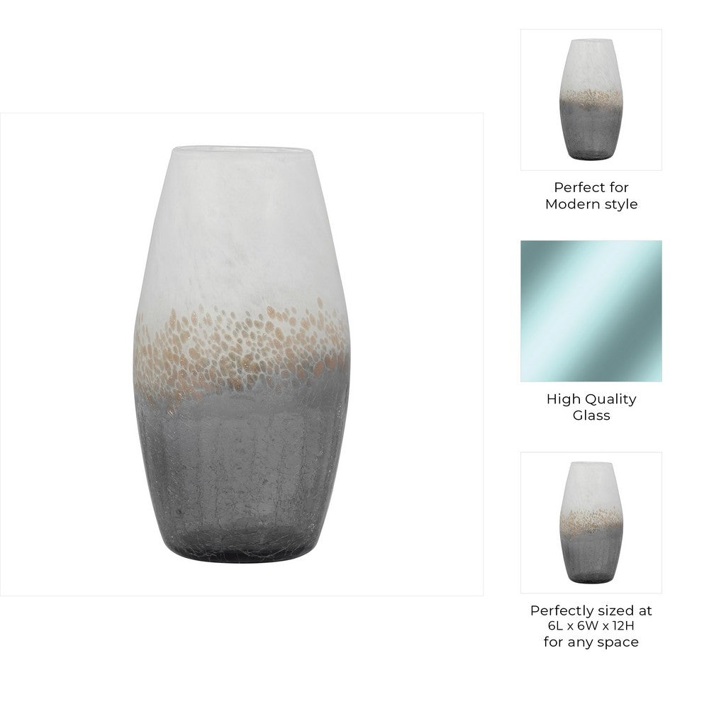 Decorative Flower Vase | 12" Contemporary Ombre Gray White Crackle Glass