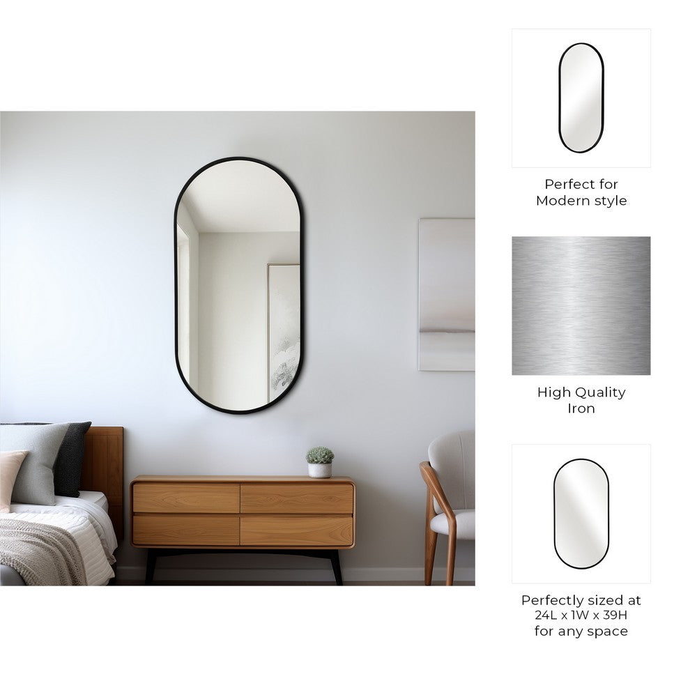 Decorative Oval Wall Mirror | 24x39 Portrait Black Iron Frame | Wood Back
