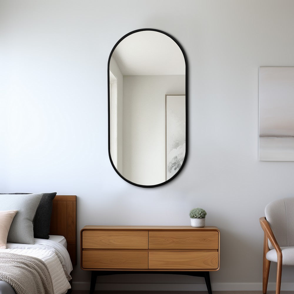 Decorative Oval Wall Mirror | 24x39 Portrait Black Iron Frame | Wood Back