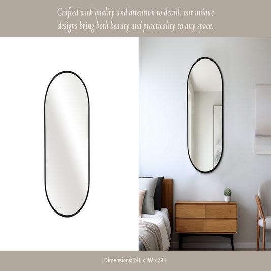 Decorative Oval Wall Mirror | 24x39 Portrait Black Iron Frame | Wood Back