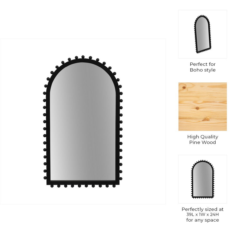 Antique Wall Mirror | 39" Black Beaded Arched Pine Wood Frame