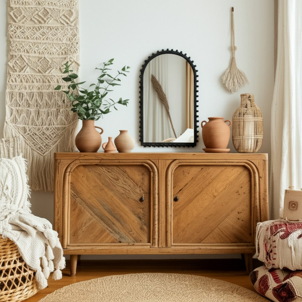 Antique Wall Mirror | 39" Black Beaded Arched Pine Wood Frame