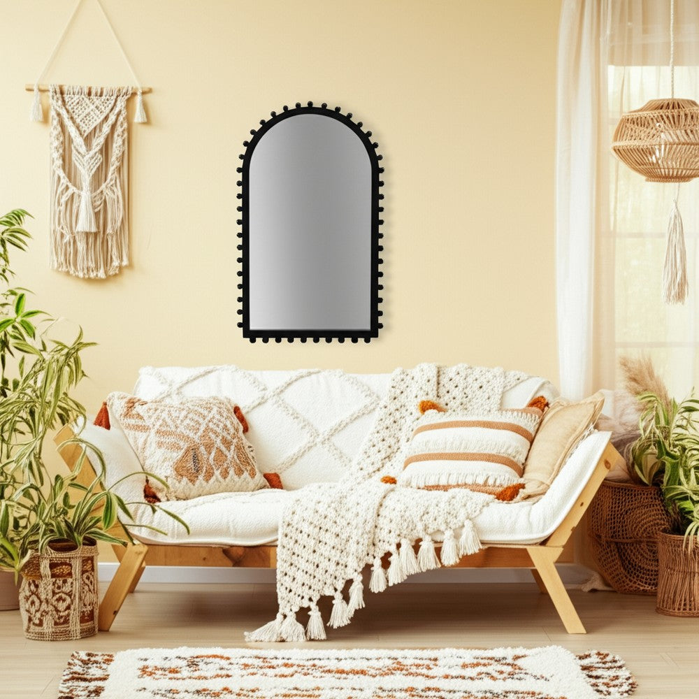 Antique Wall Mirror | 39" Black Beaded Arched Pine Wood Frame