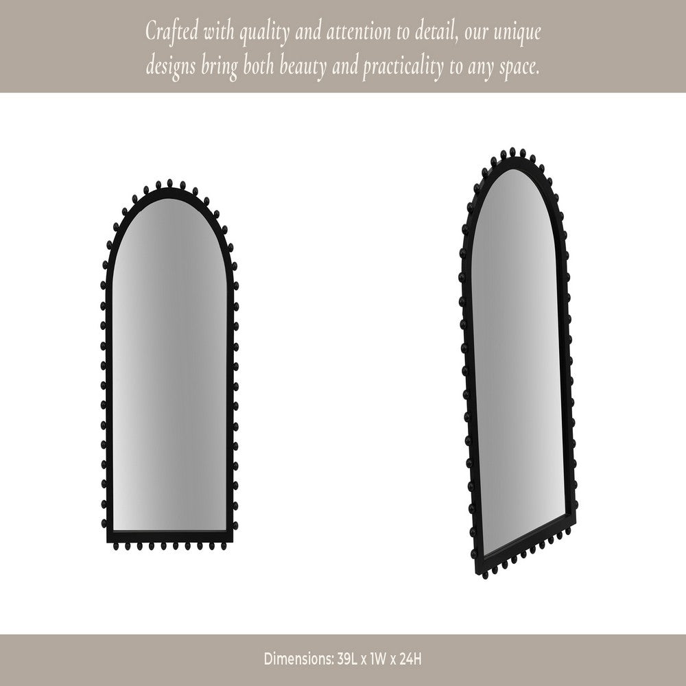 Antique Wall Mirror | 39" Black Beaded Arched Pine Wood Frame