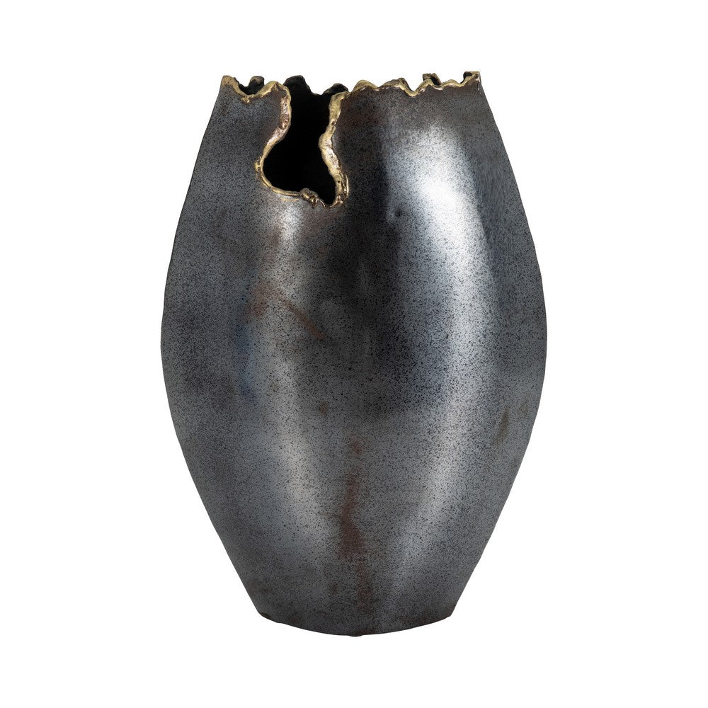 Oval Accent Vase | Chipped Ruffled Rim with Gold Edges | 14" Black Metal