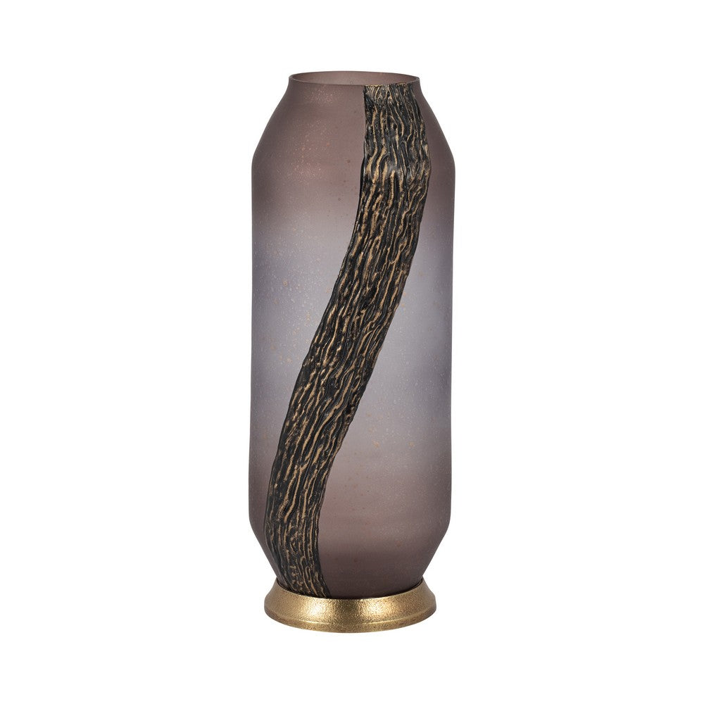 Frosted Glass Vase | Pink Cylinder Shape Textured | Gold Metal Base 15"