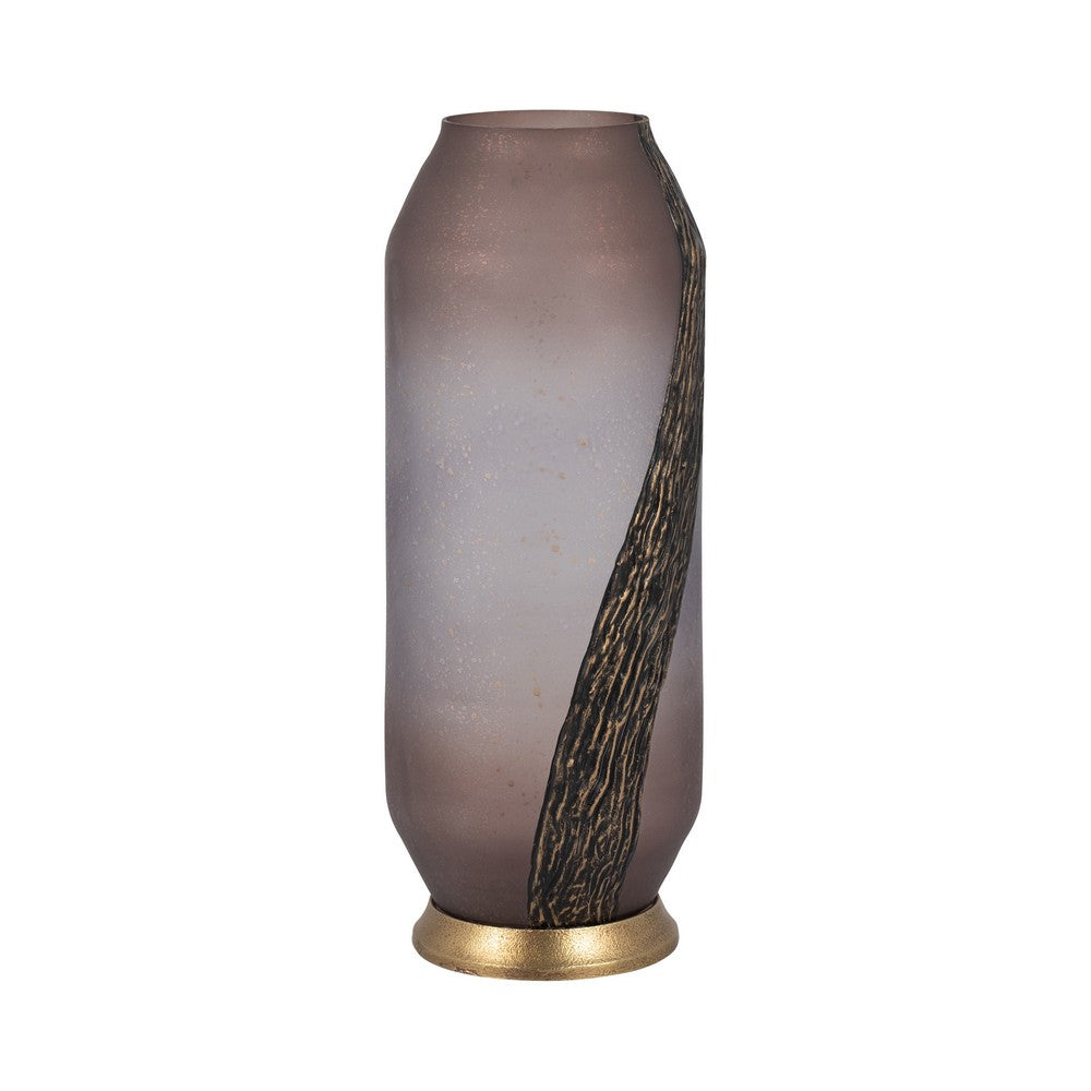Frosted Glass Vase | Pink Cylinder Shape Textured | Gold Metal Base 15"