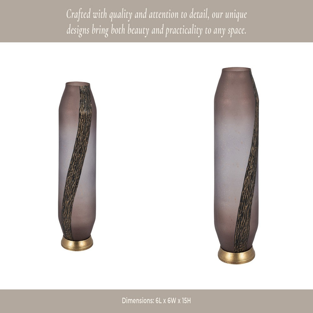 Frosted Glass Vase | Pink Cylinder Shape Textured | Gold Metal Base 15"