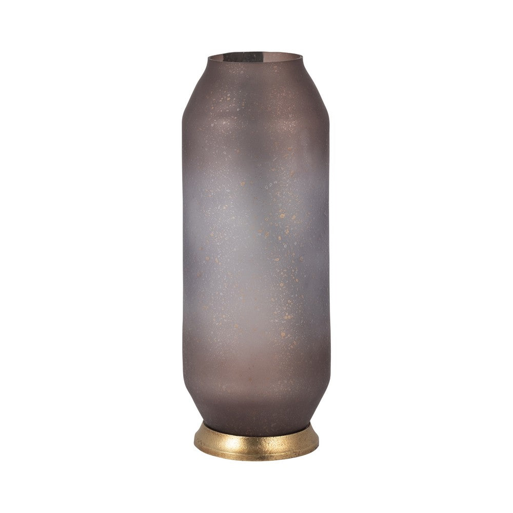 Frosted Glass Vase | Pink Cylinder Shape Textured | Gold Metal Base 15"