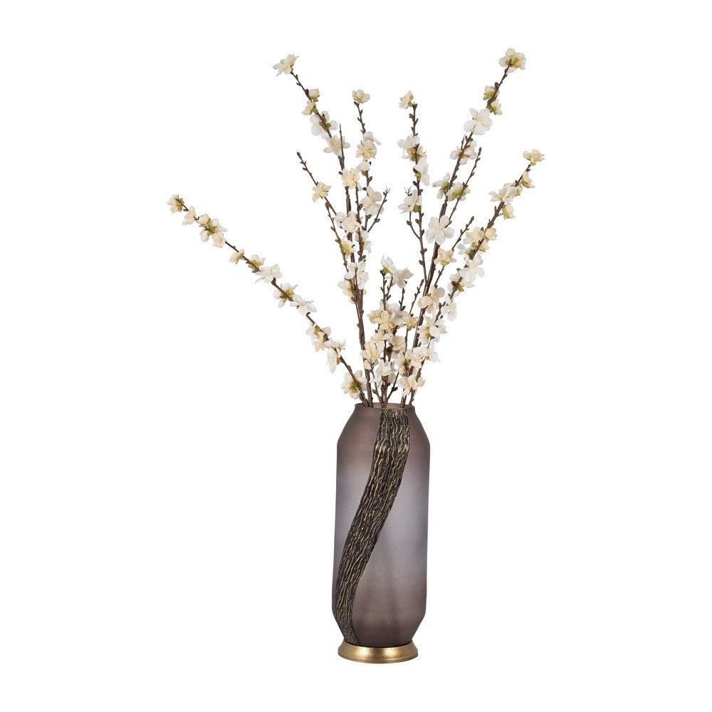 Frosted Glass Vase | Pink Cylinder Shape Textured | Gold Metal Base 15"