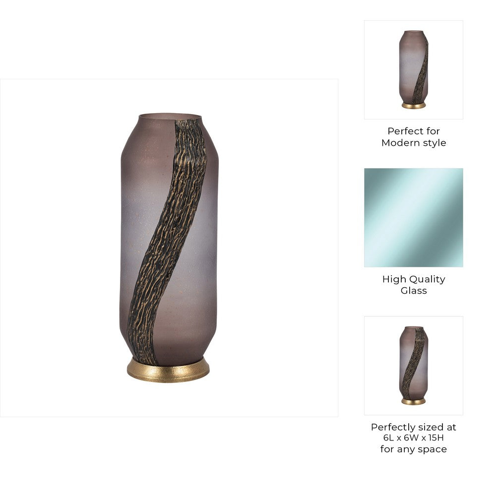 Frosted Glass Vase | Pink Cylinder Shape Textured | Gold Metal Base 15"
