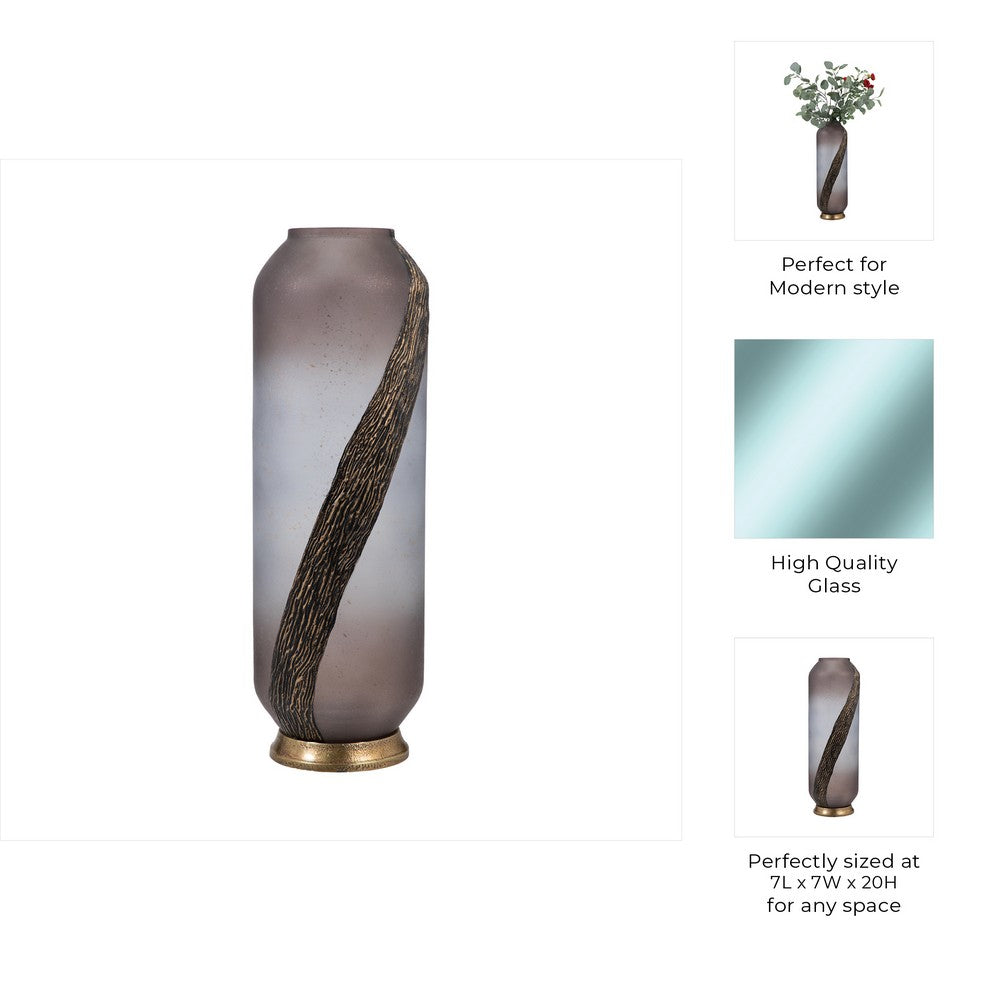 Floral Vase Decor | Blush Pink Frosted Glass | Bronze Detail 20"