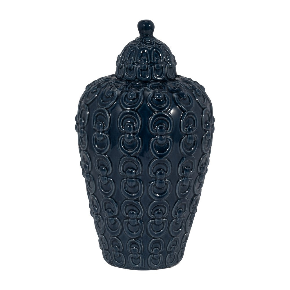 Decorative Jar | Lid w Round Finial | Chain Texture Navy Blue Ceramic