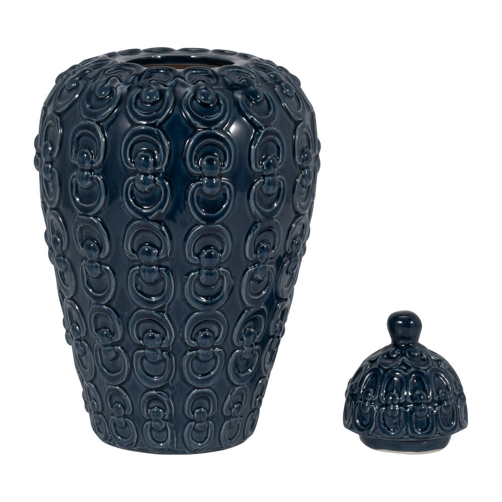 Decorative Jar | Lid w Round Finial | Chain Texture Navy Blue Ceramic