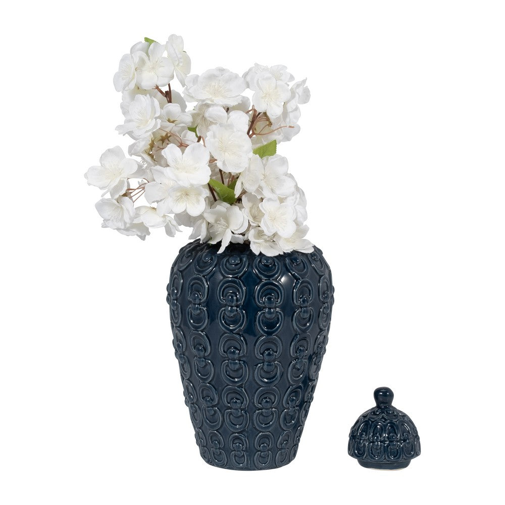 Decorative Jar | Lid w Round Finial | Chain Texture Navy Blue Ceramic