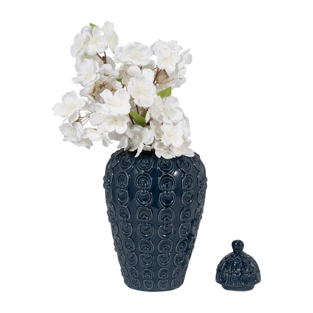 Decorative Jar | Lid w Round Finial | Chain Texture Navy Blue Ceramic SBH-18628-02