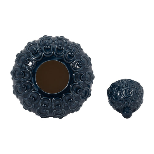 Decorative Jar | Lid w Round Finial | Chain Texture Navy Blue Ceramic