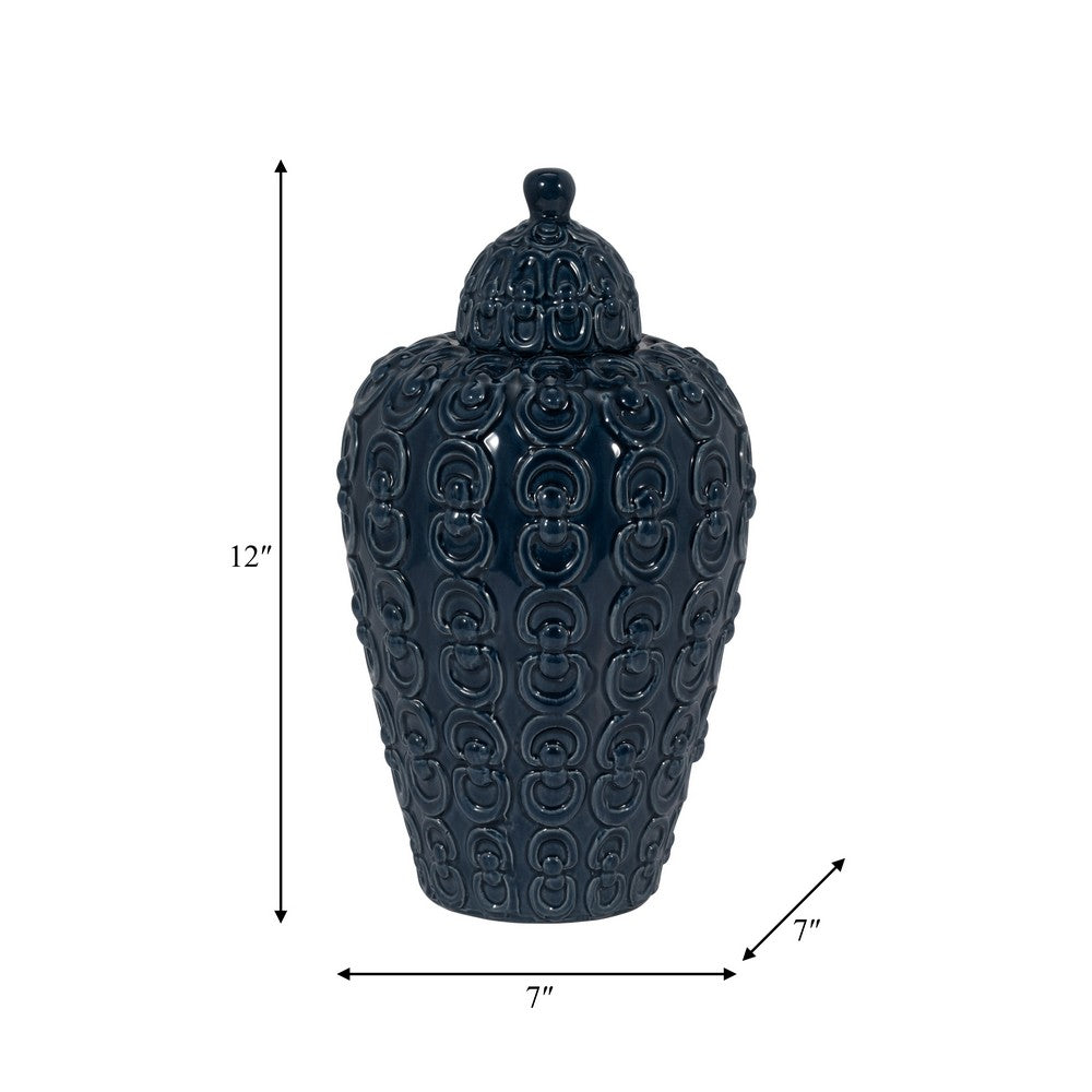 Decorative Jar | Lid w Round Finial | Chain Texture Navy Blue Ceramic