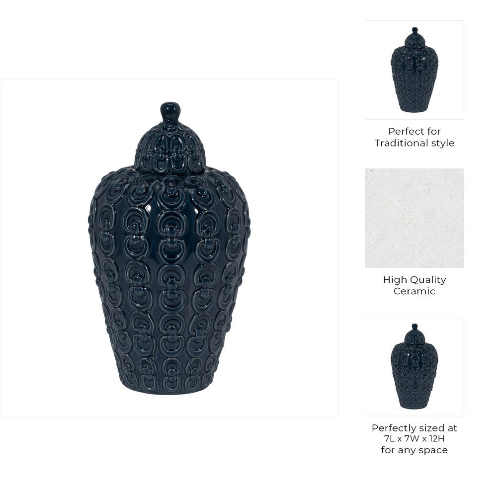 Decorative Jar | Lid w Round Finial | Chain Texture Navy Blue Ceramic