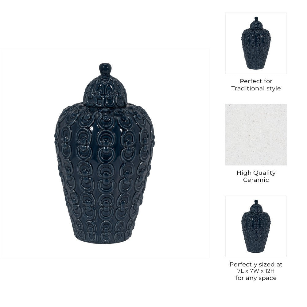 Decorative Jar | Lid w Round Finial | Chain Texture Navy Blue Ceramic SBH-18628-02