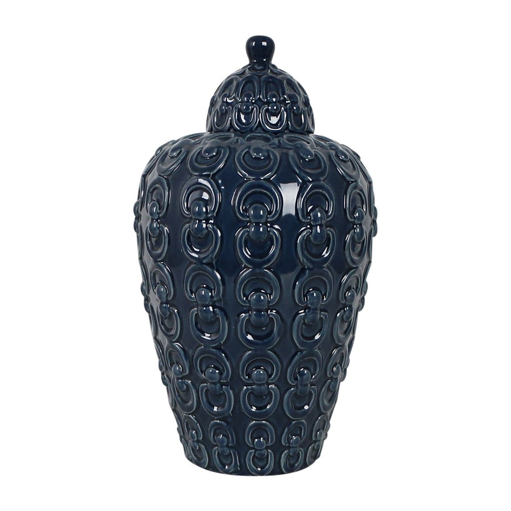 Decorative Jar | Lid w Round Finial | Chain Texture Navy Blue Ceramic